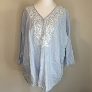 Saks Fifth Avenue Linen Embroidered Tunic Top | Size XL